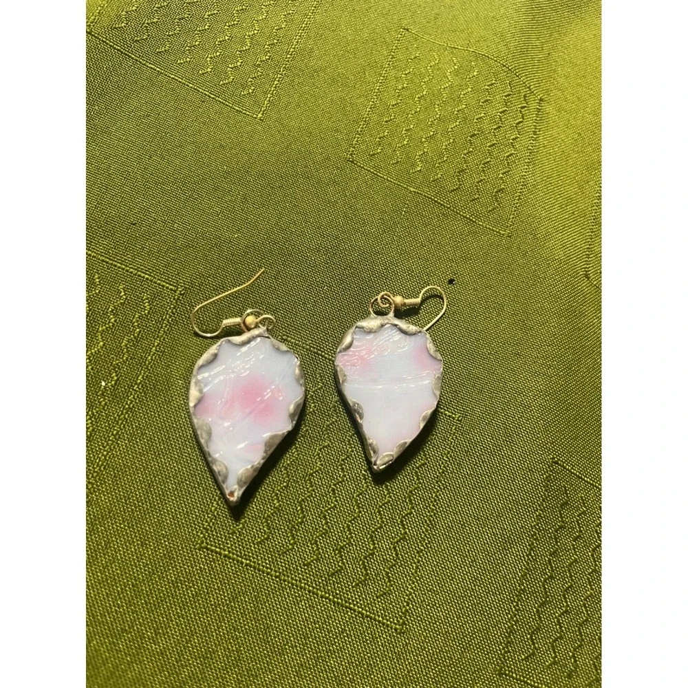 Handmade Stained Glass Teardrop Earrings Pink White Marbled Artisan Dangle